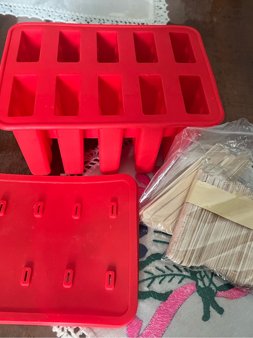Red Silicone Popsicle Mold Set with Lids and Sticks